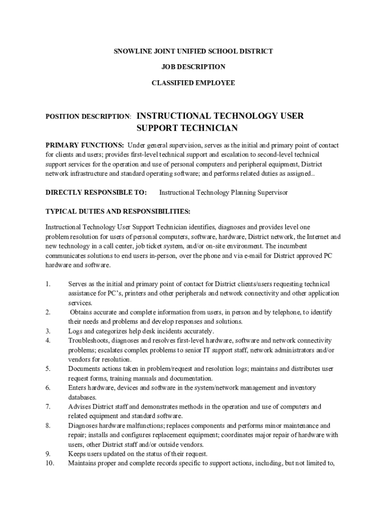 Fillable Online Classified Job Descriptions District Departments Fax