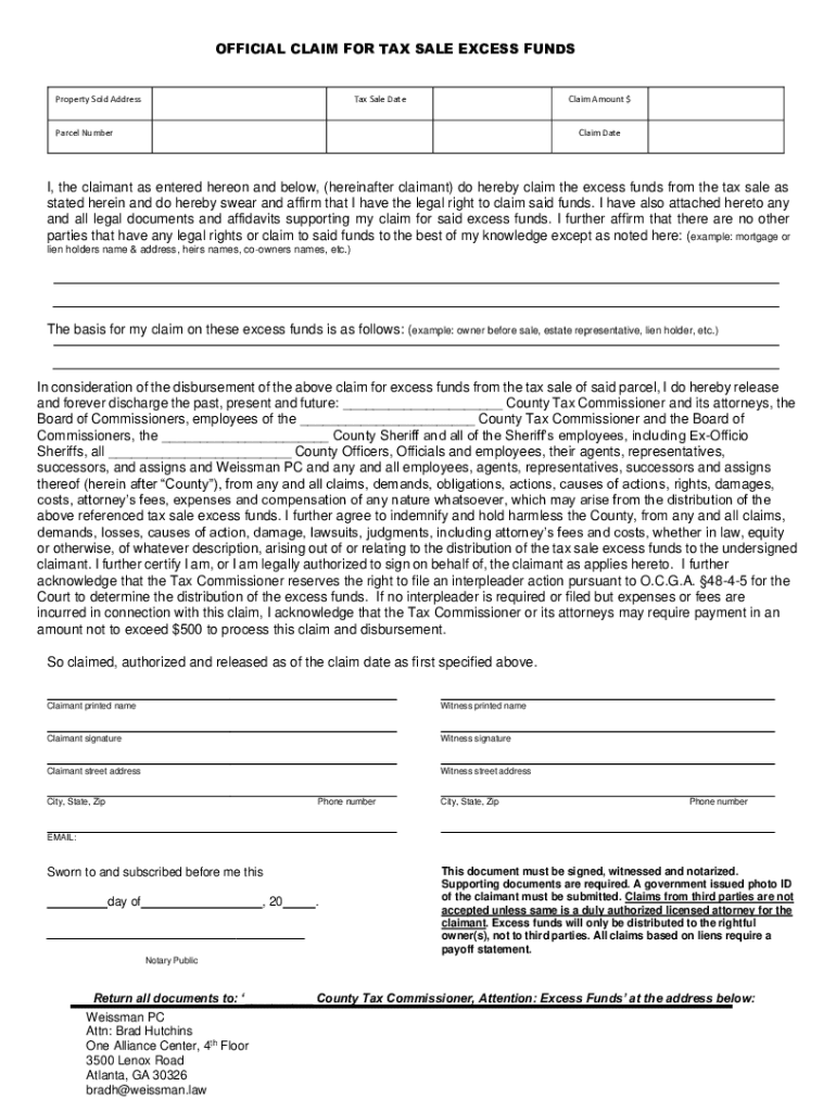 Fillable Online affidavit in support of claim for excess tax sale