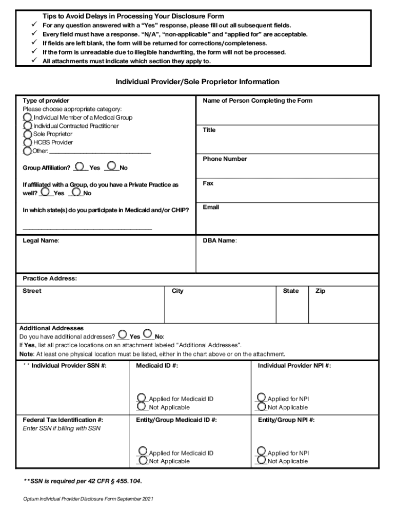 Fillable Online Individual Providers Disclosure Form. Individual