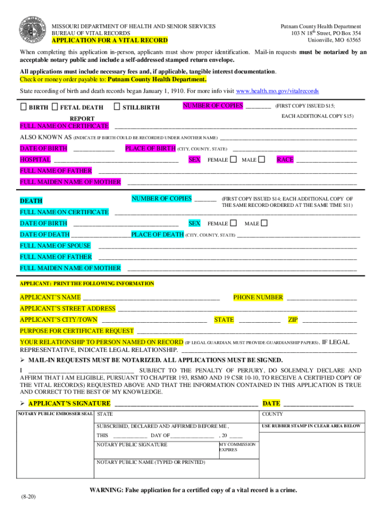 Fillable Online Putnam County Birth, Marriage, Death Certificates