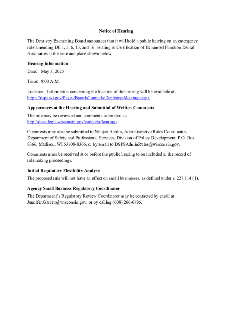 Fillable Online dsps wi Notice of Hearing The Dentistry Examining Board