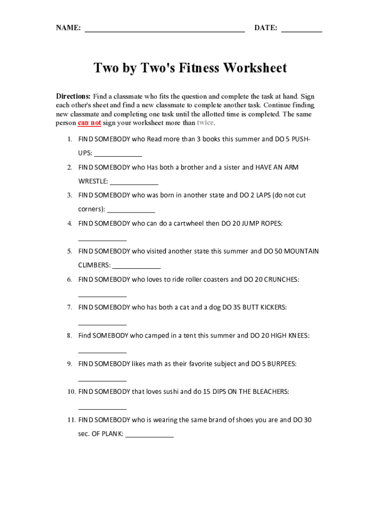Fillable Online Two by Two's Fitness Worksheet Fax Email Print pdfFiller