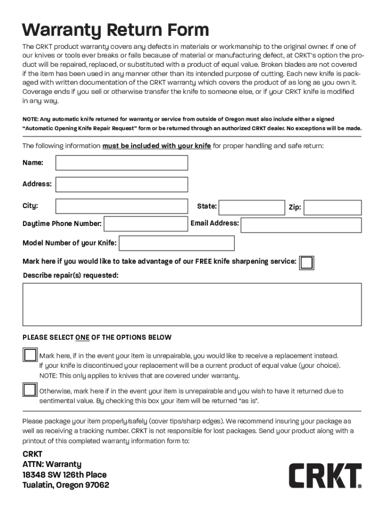 2023 CRKT Warranty Return Form Fill Online, Printable, Fillable, Blank