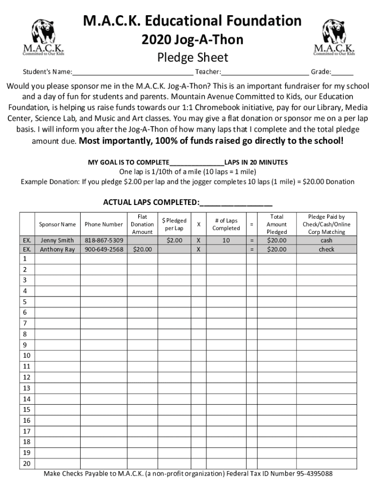Fillable Online Jog A Thon Pledge Sheet.docx Fax Email Print pdfFiller