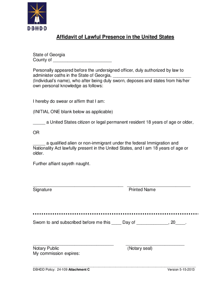 Fillable Online Affidavit of Lawful Presence in the United States Fax