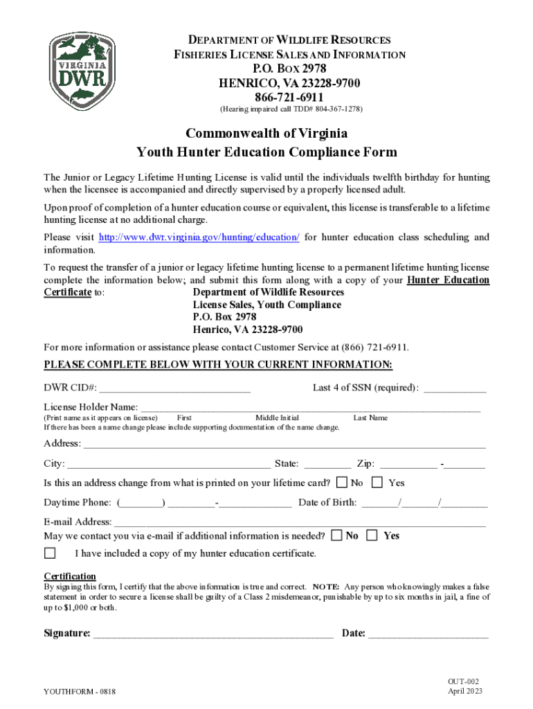 Fillable Online Youth Hunter Education Compliance Form. Youth Hunter