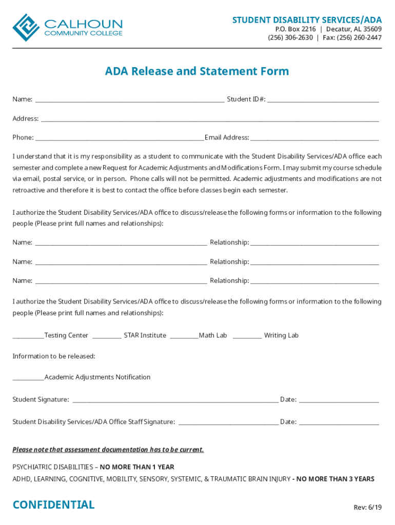 Fillable Online ADA Release and Statement Form CONFIDENTIAL Fax Email