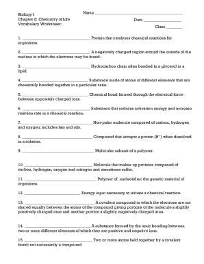 Fillable Online Biology I Chapter 2: Chemistry of Life Vocabulary