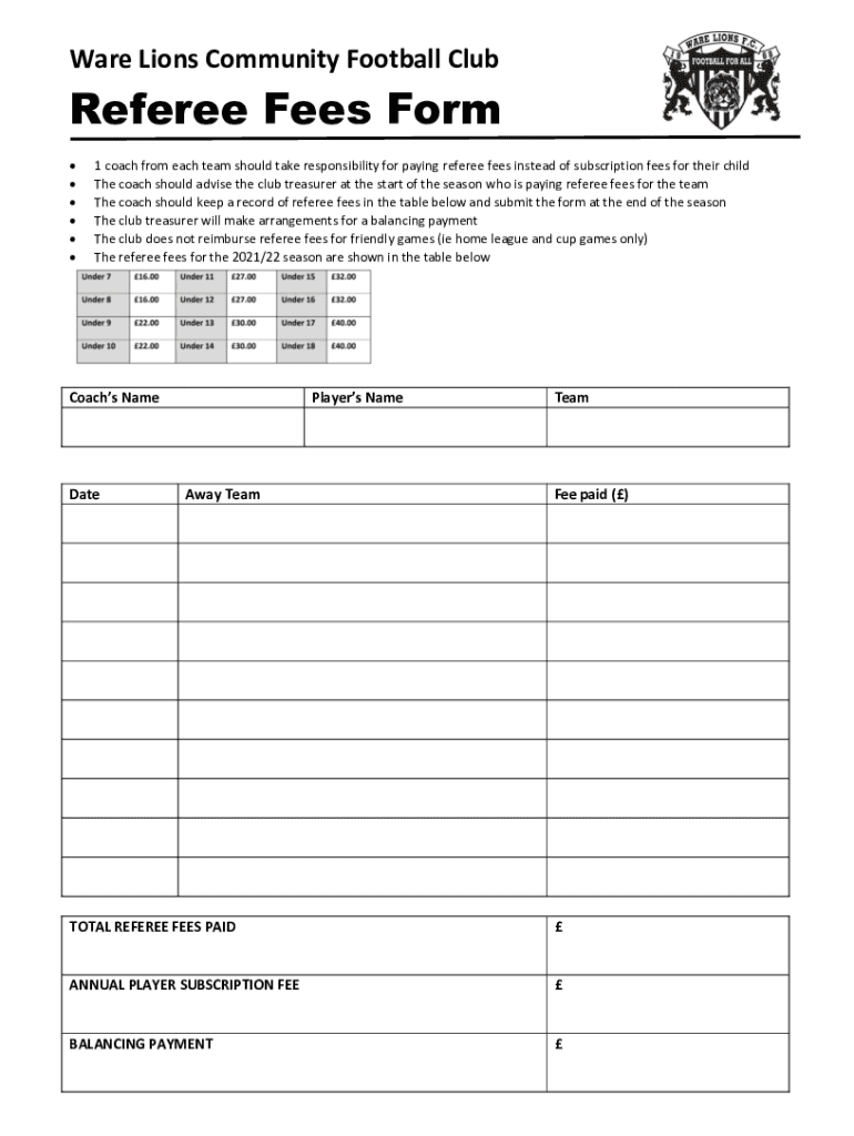 Fillable Online Referee Fees Form Fax Email Print pdfFiller