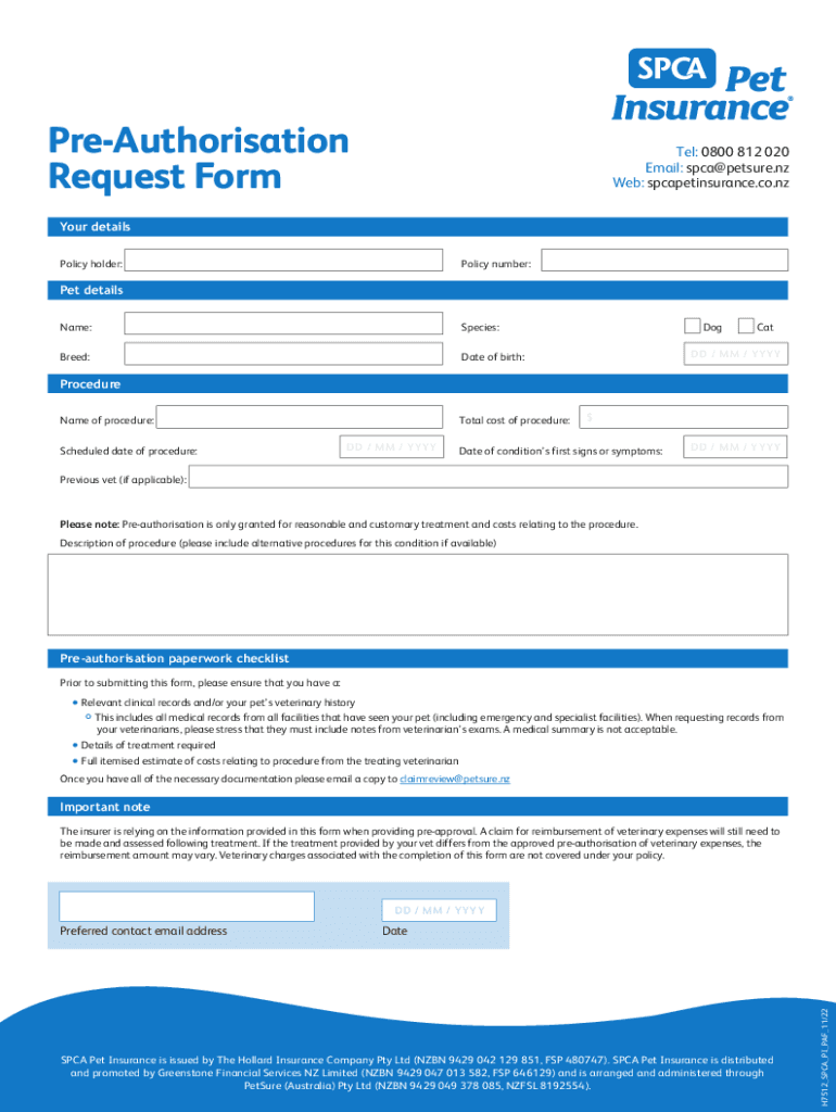Fillable Online SPCA Pet Insurance Pre Authorisation Request Form Fax