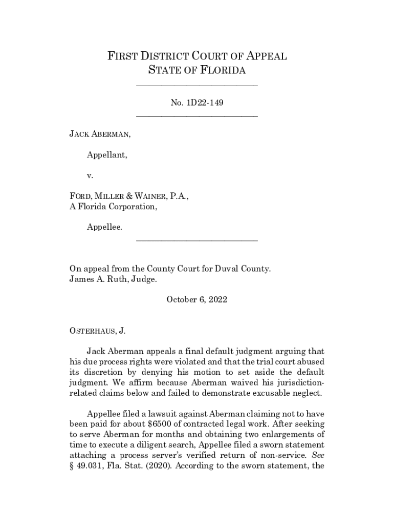 Fillable Online Jack Aberman vs Ford, Miller & Wainer, P.A., A Florida