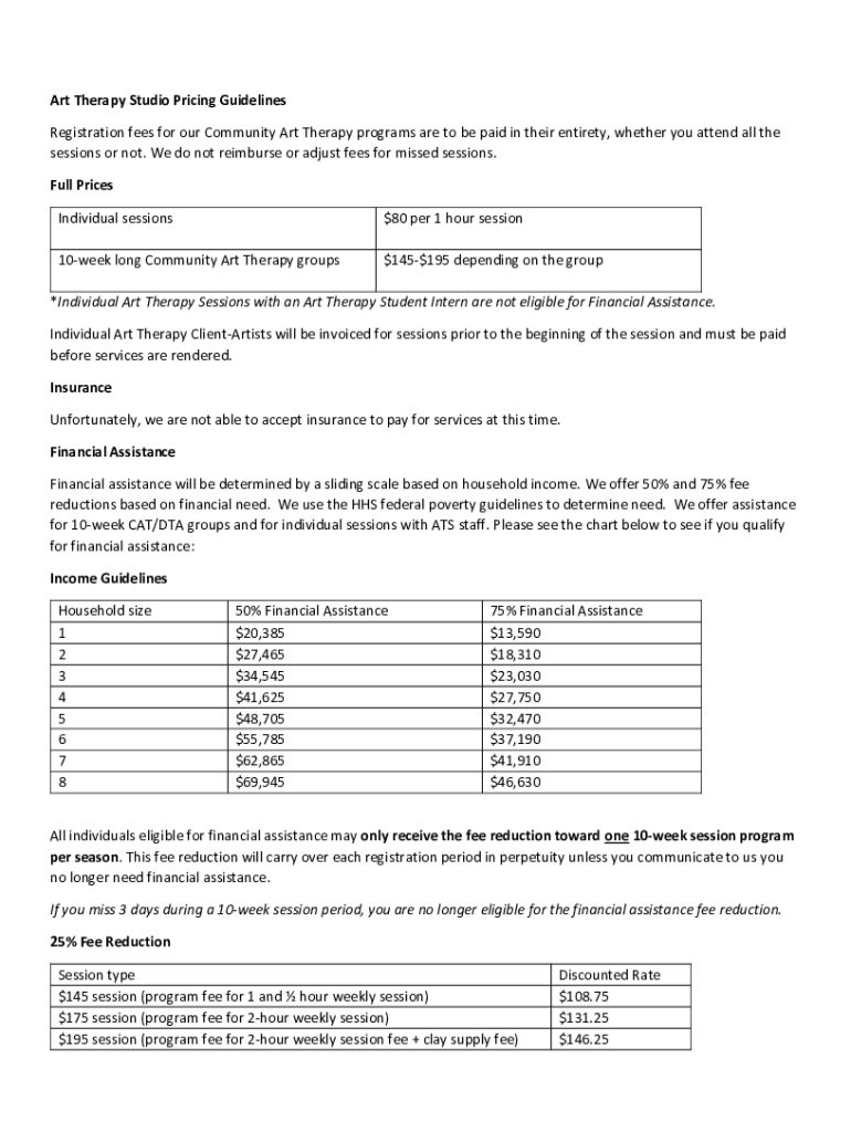 Fillable Online Art Therapy Studio Pricing Guidelines Registration fees