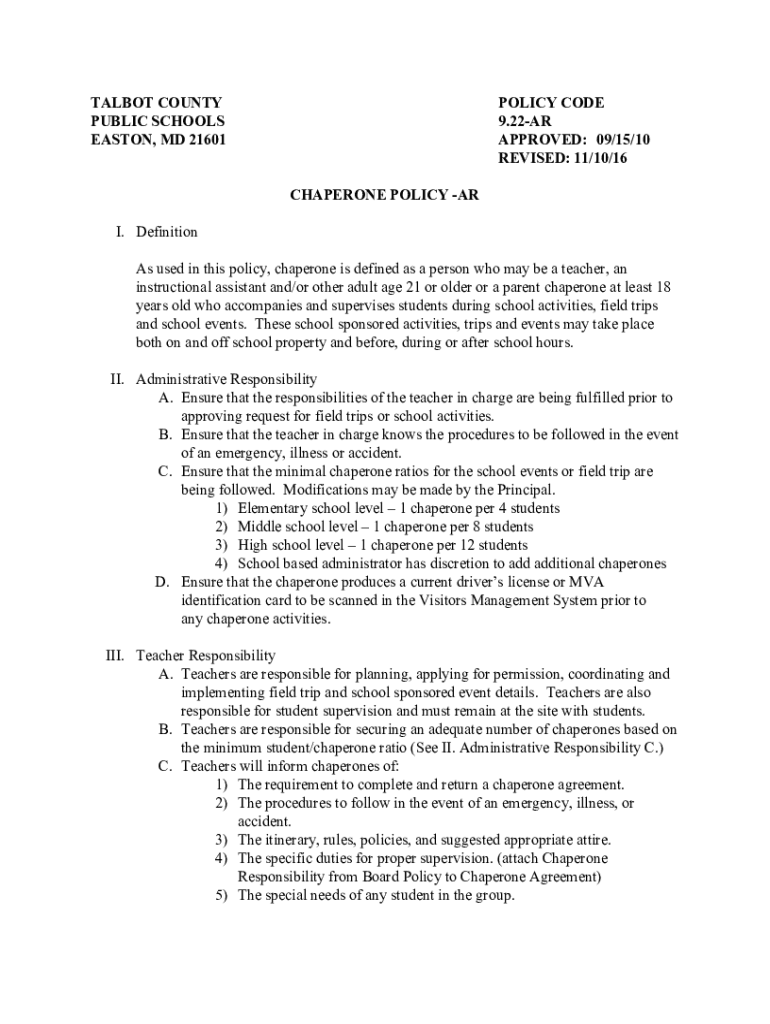 Fillable Online 09/15/10 REVISED 11/10/16 CHAPERONE POLICY AR I. Fax