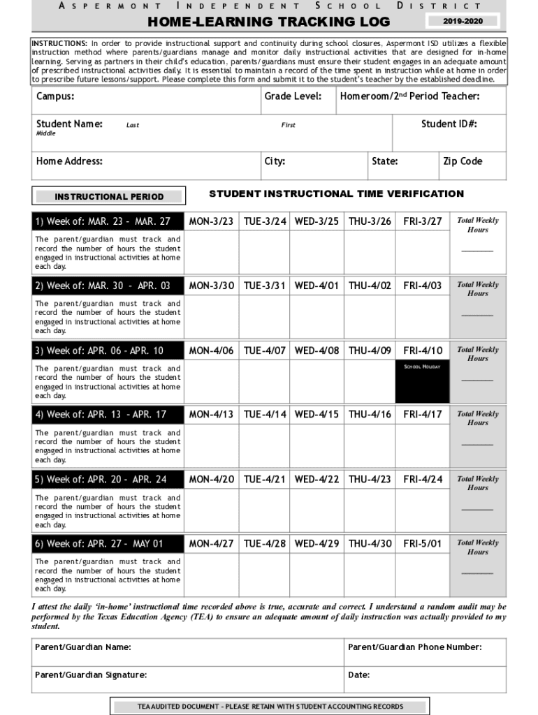 Fillable Online Aspermont Home Learning Tracking Log PDF Fax Email