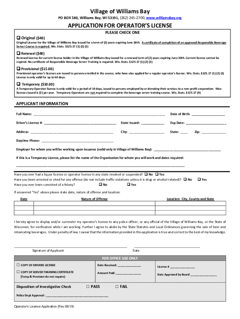 Fillable Online Application for Operator's LicenseVillage of Williams