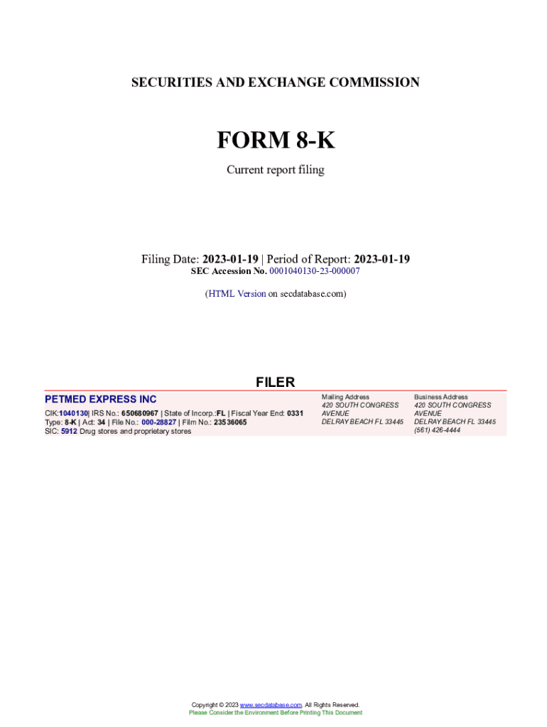Fillable Online PETMED EXPRESS INC Form 8K Current Event Report Filed