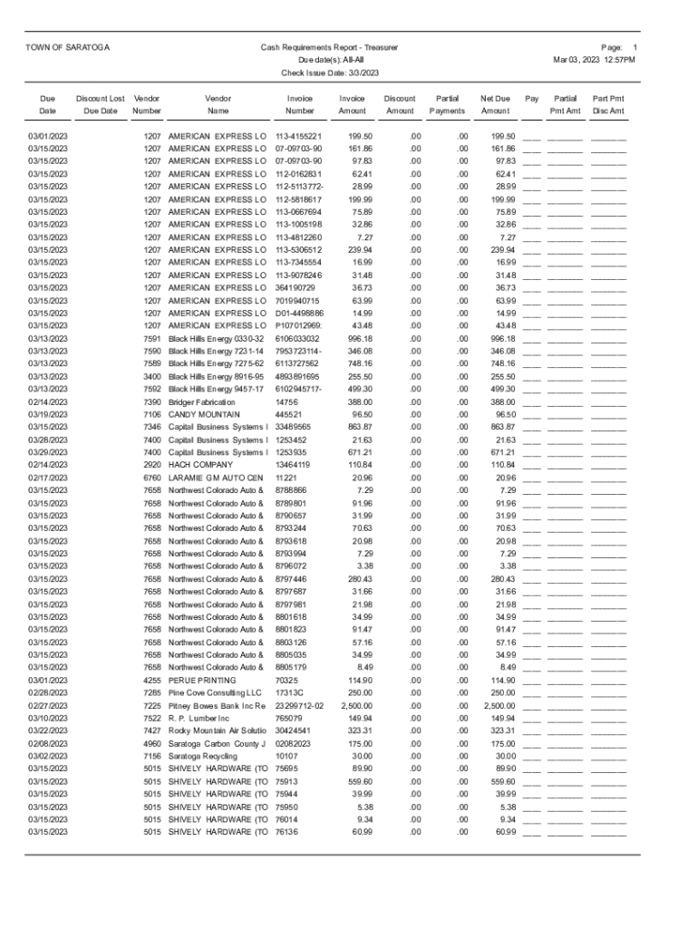 Fillable Online TOWN OF SARATOGA Cash Requirements Report Fax Email