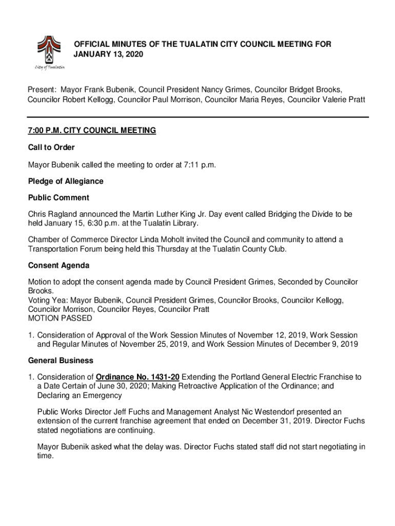 Fillable Online Present Mayor Frank Bubenik, Council President Nancy