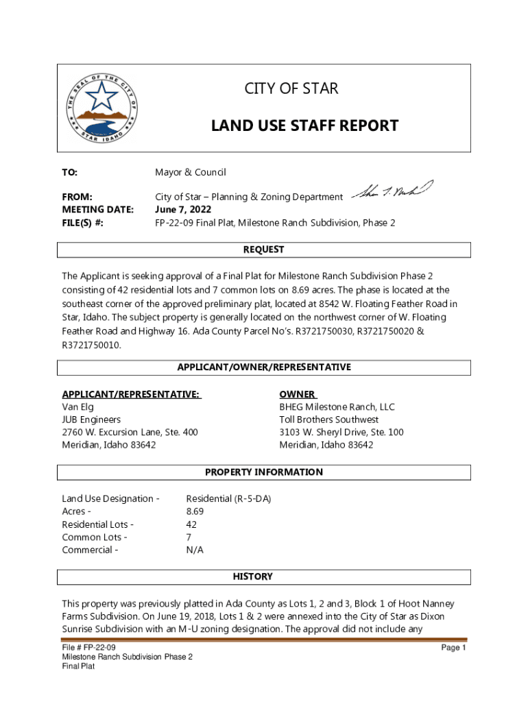 Fillable Online FP2209 Final Plat, Milestone Ranch Subdivision, Phase