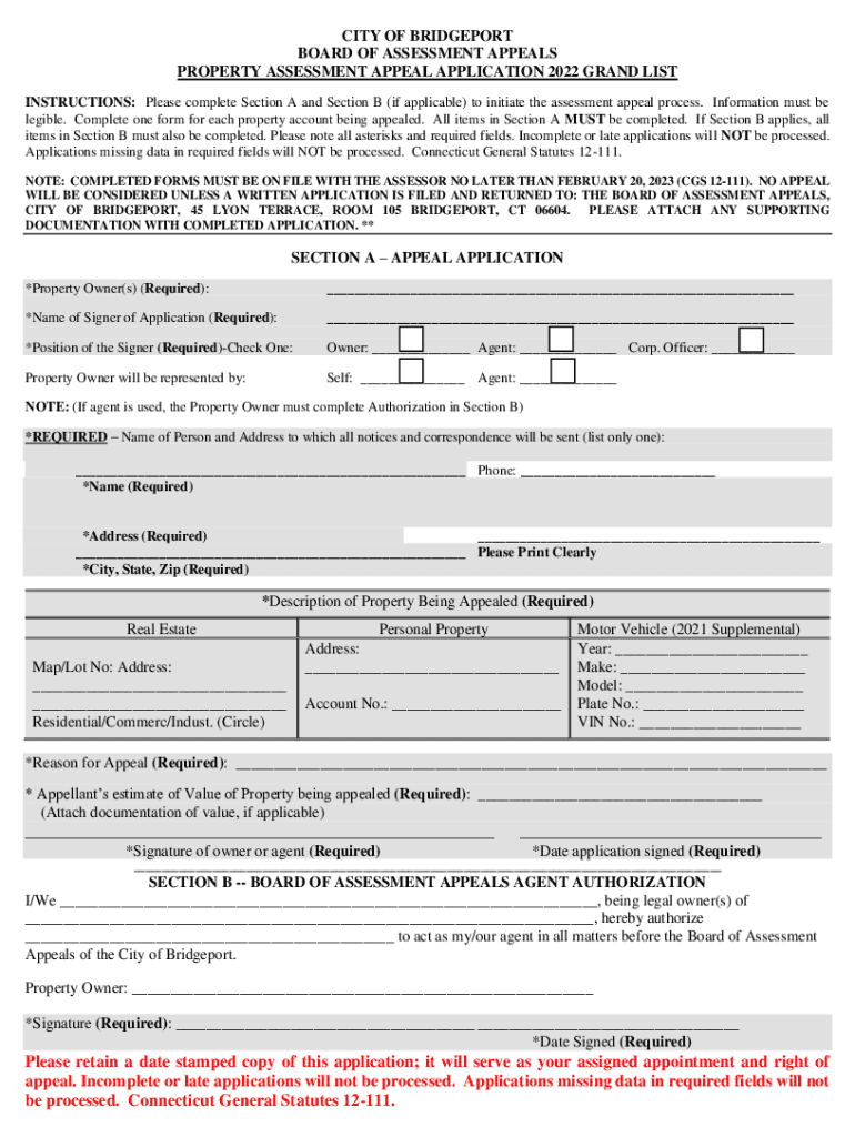 Fillable Online Tax Assessors FormsCity of Bridgeport Fax Email Print