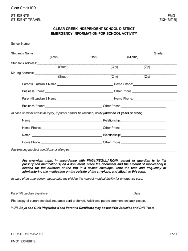 Fillable Online Clear Creek ISD STUDENTS FMG1 STUDENT TRAVEL Fax