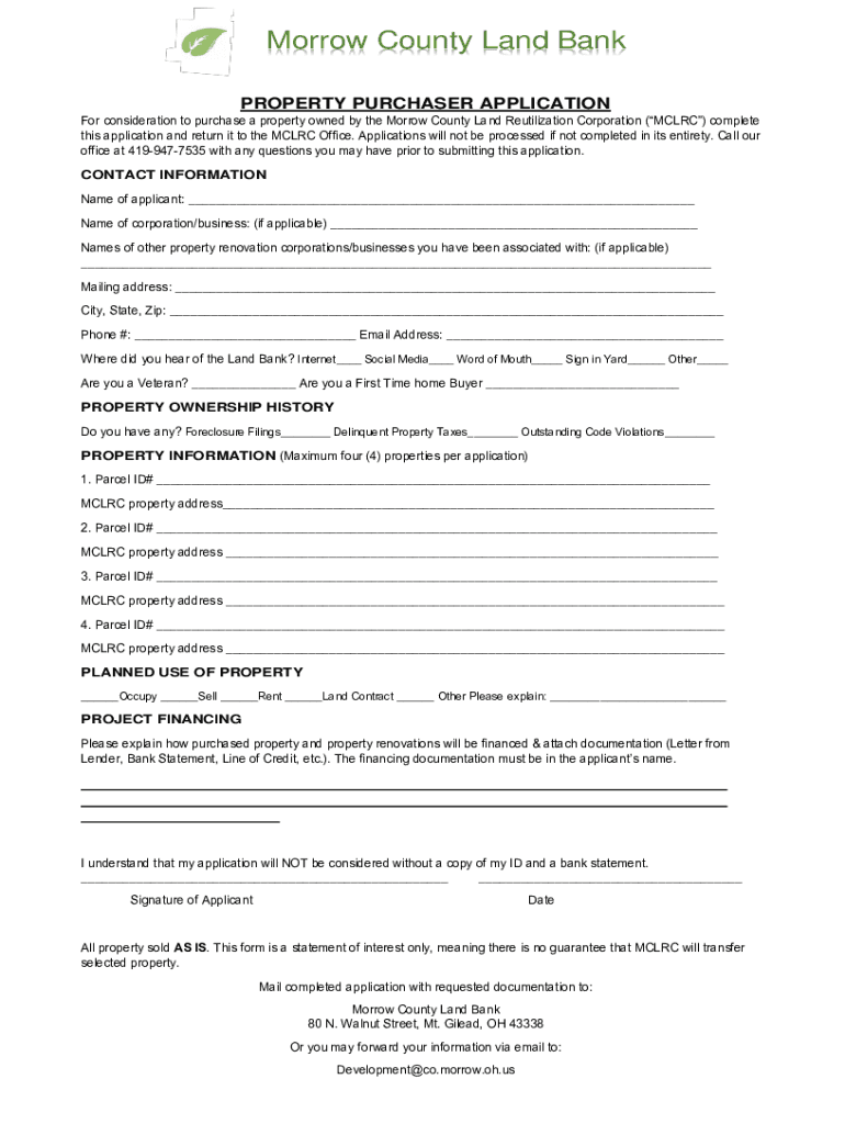Fillable Online Forms and Regulations Morrow County Ohio Land Bank
