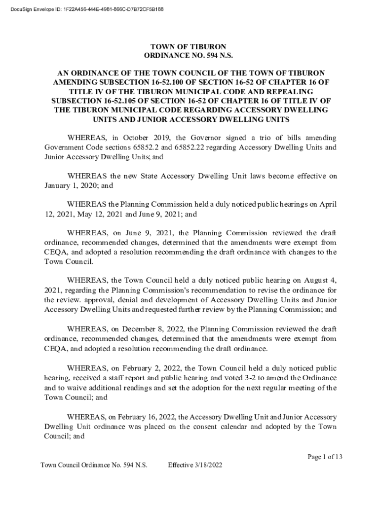 Fillable Online TOWN OF TIBURON ORDINANCE NO. 594 N.S. AN ORDINANCE