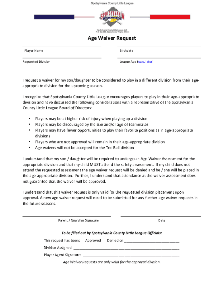 Fillable Online AGE WAIVER REQUEST FORM Fax Email Print pdfFiller