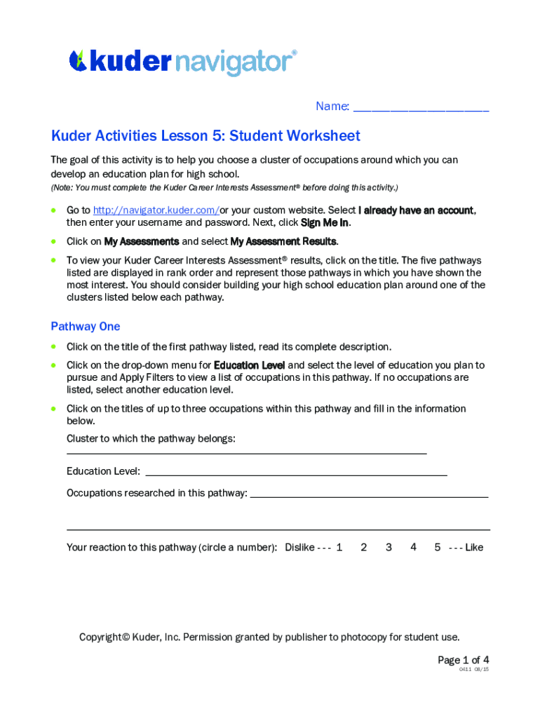 Fillable Online Student Worksheet 1.pdf Samuel Mentor Name Kuder... Fax Email Print pdfFiller