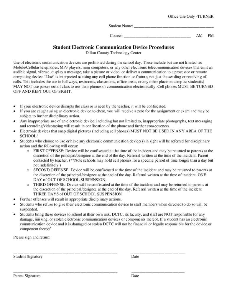 Fillable Online Student Electronic Communication Device Procedures Fax