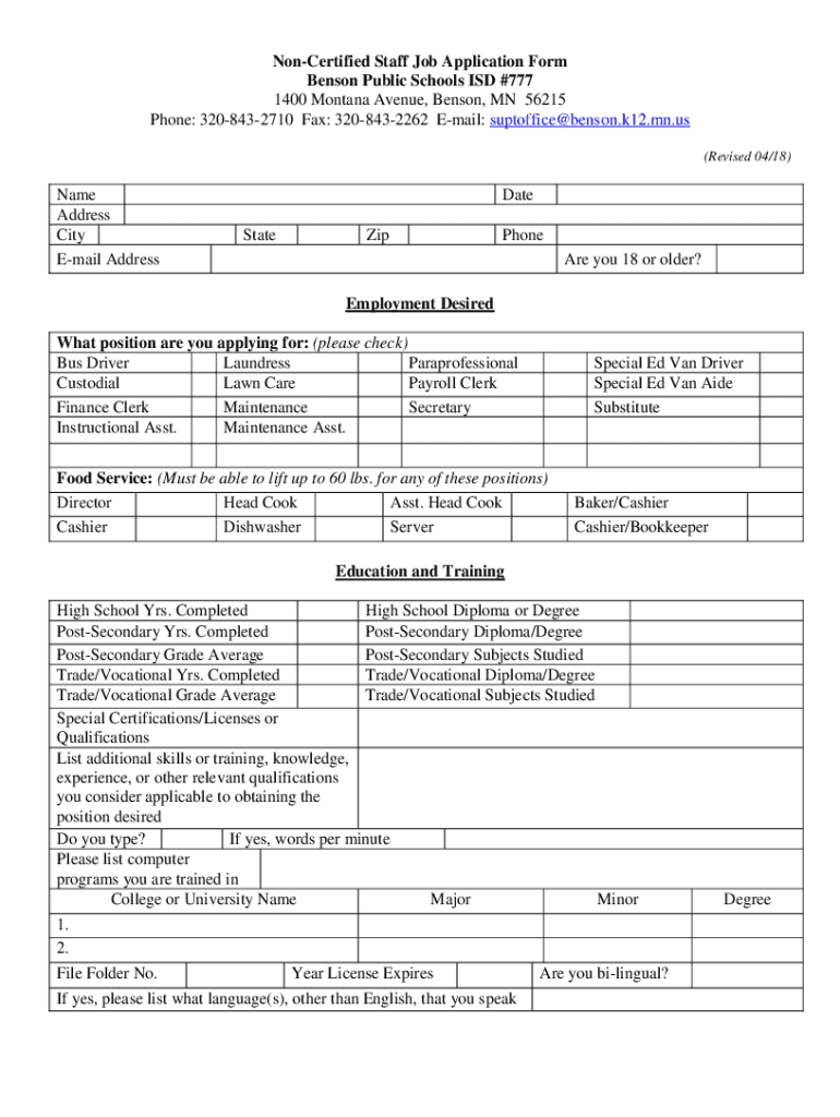 Fillable Online NonCertified Staff Job Application Form benson k12 mn Fax Email Print pdfFiller