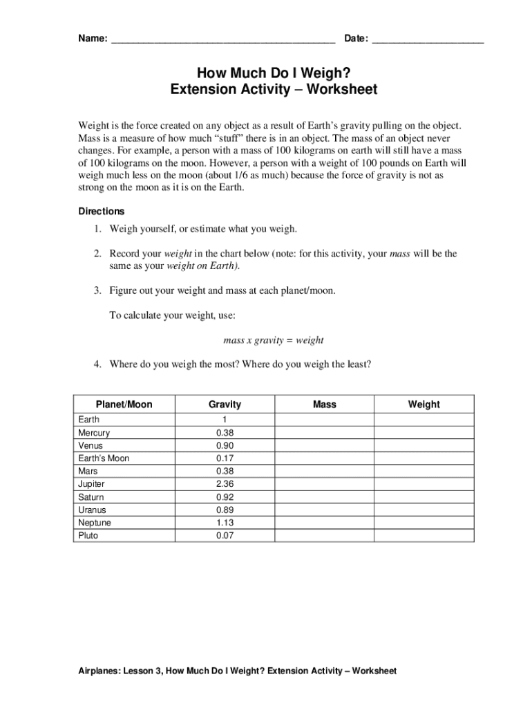 Fillable Online How Much Do I Weigh? Extension ActivityWorksheet Fax