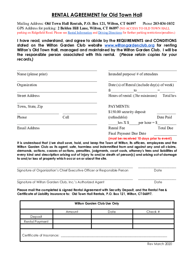 Fillable Online Fillable Online RENTAL AGREEMENT for Old Town Hall Fax