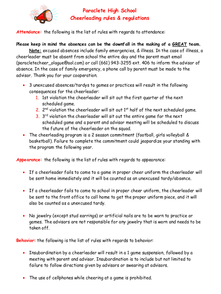 Fillable Online Paraclete High School Cheerleading rules & regulations