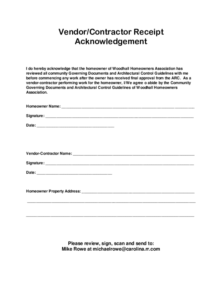 Fillable Online Vendor/Contractor Receipt Acknowledgement WoodHall