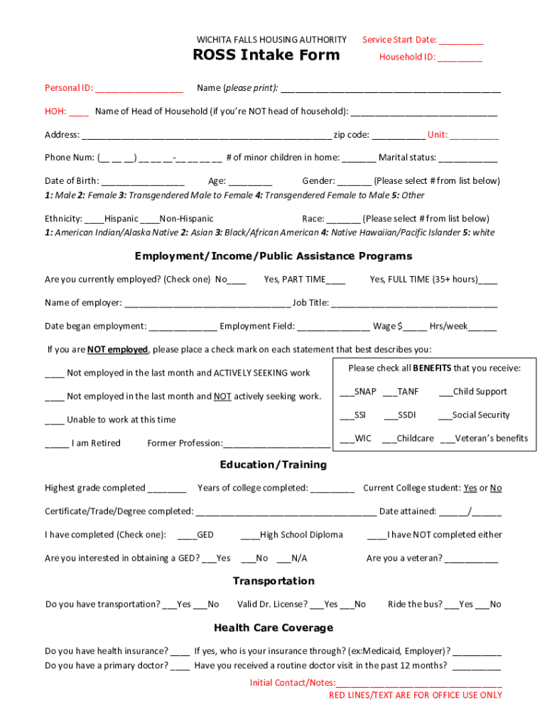 Fillable Online ROSS Intake Form Household IDInitial Fax Email
