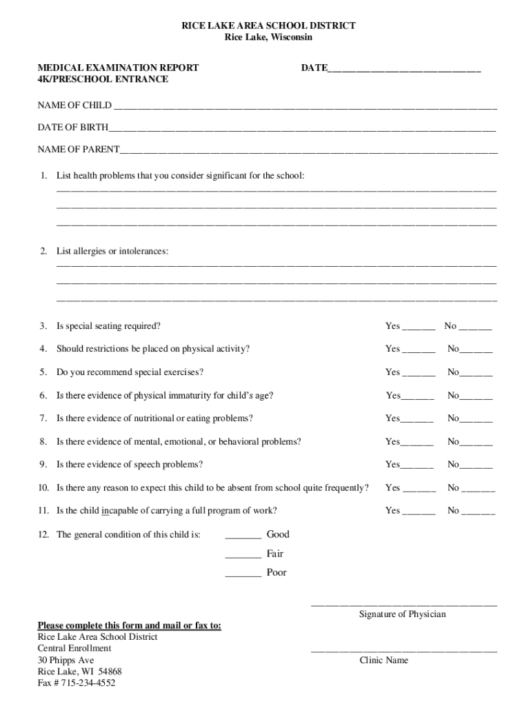 Fillable Online 4 Year Old Kindergarten 4K Rice Lake Area Schools