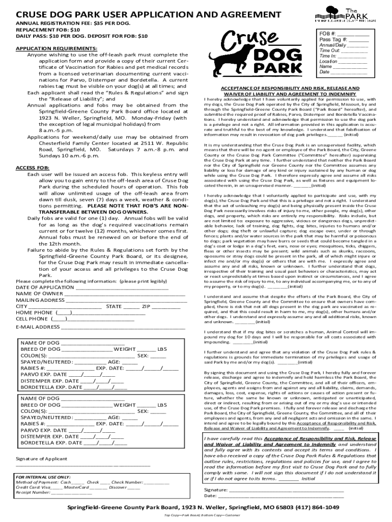 Fillable Online CRUSE DOG PARK USER APPLICATION AND AGREEMENT Fax Email