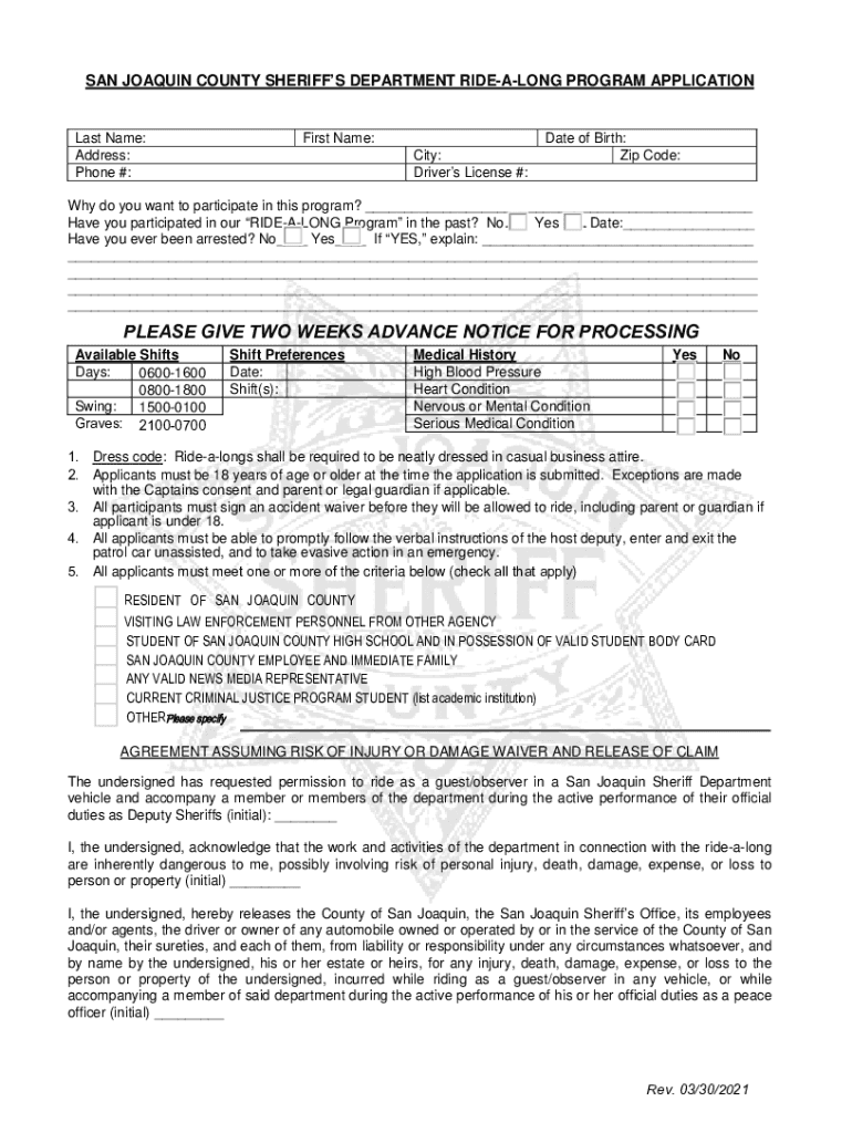 Fillable Online RideAlong Application Police Department Fax Email Print pdfFiller