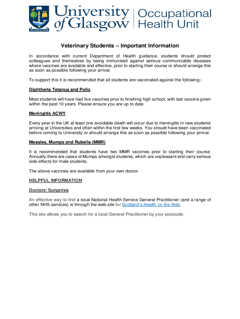 Fillable Online Veterinary StudentsStandards of medical fitness to
