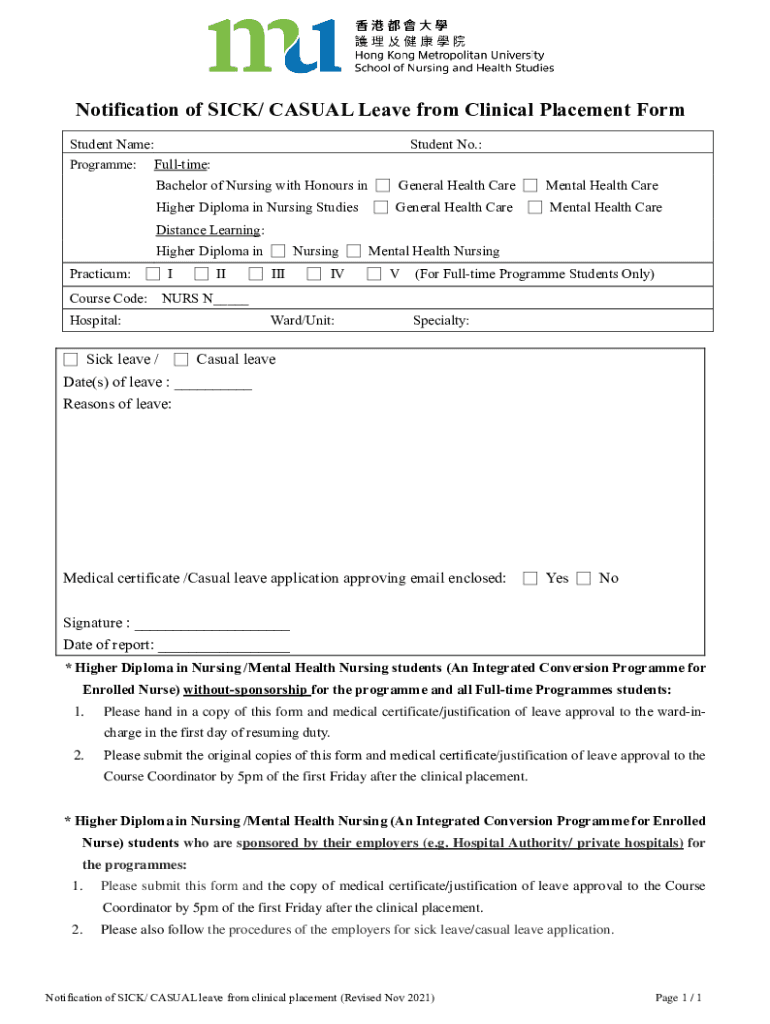 Fillable Online Notification of Sick or Casual leave from placement