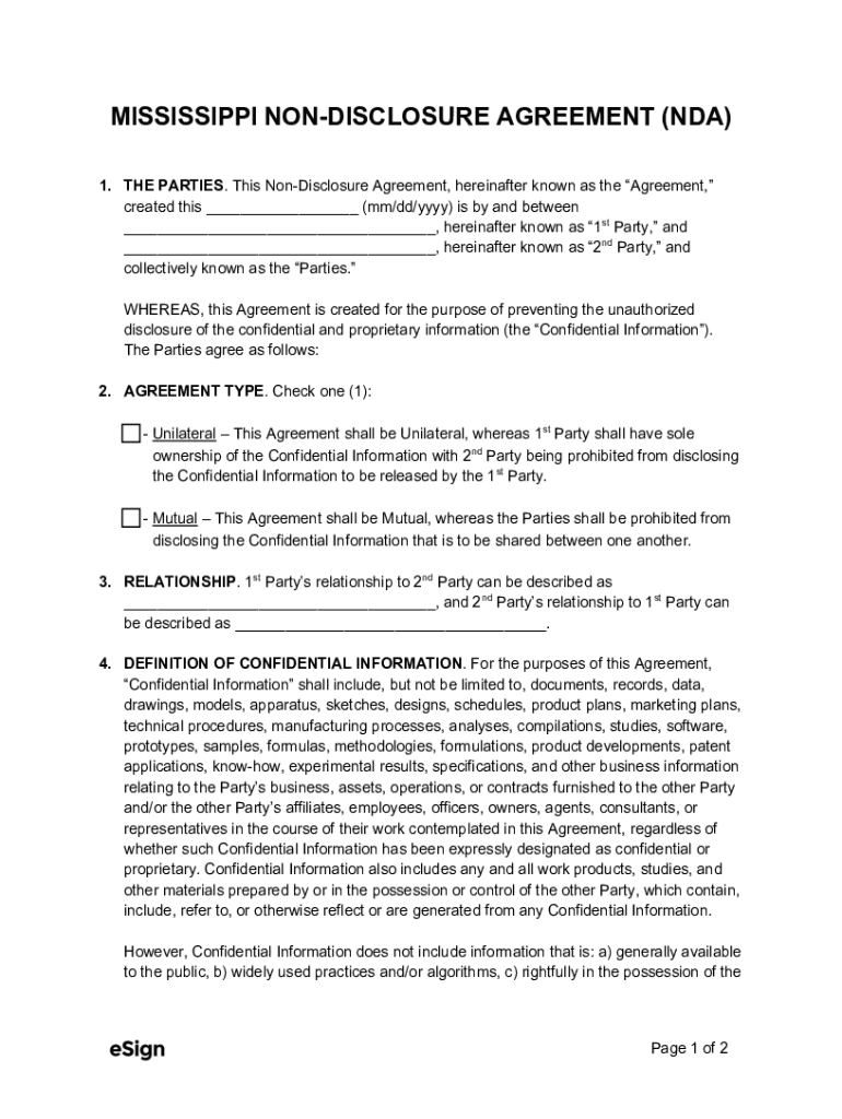 Fillable Online Mississippi NonDisclosure Agreement Template Fax Email