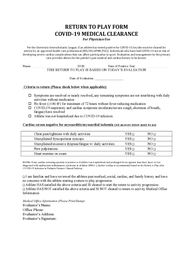 Fillable Online UIL COVID19 ATHLETIC CLEARANCE FORM Fax Email Print pdfFiller