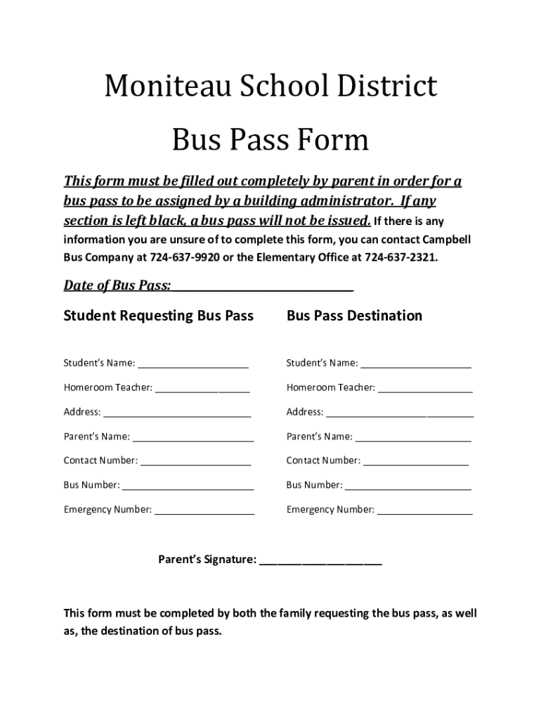 Fillable Online Moniteau School District Bus Pass Form Fax Email Print