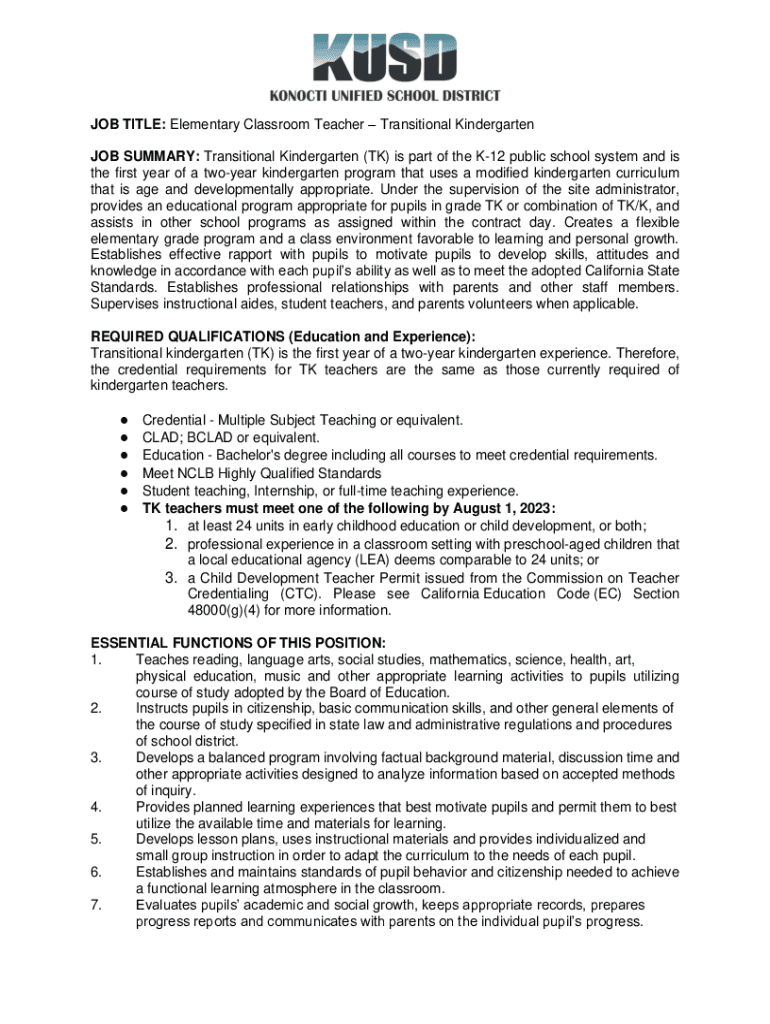 Fillable Online Kindergarten Teacher Job Description +2023 TEMPLATE Fax