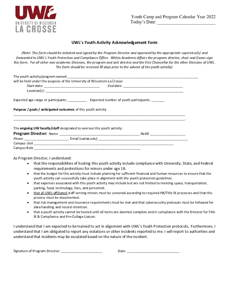 Fillable Online UWL's Youth Activity Acknowledgement Form Fax Email