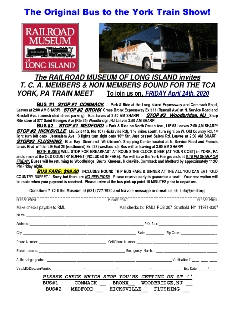 Fillable Online RMLI Bus Trip to TCA Eastern Division York, PA Train Meet Fax Email Print