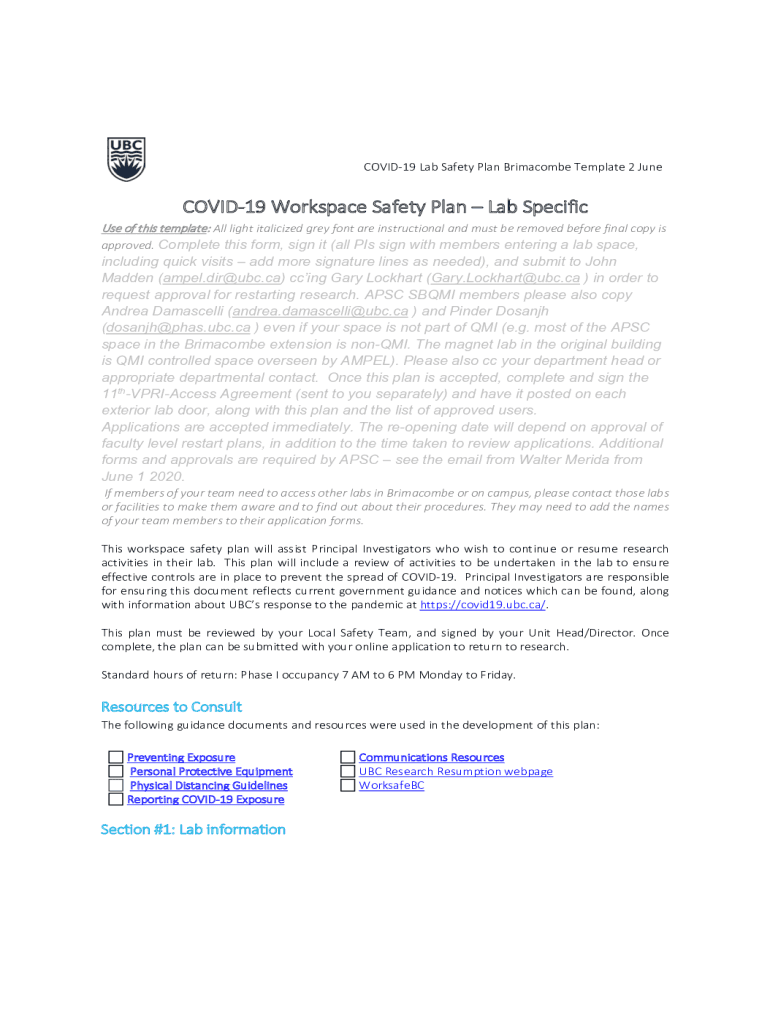 Fillable Online ampel sites olt ubc APSC Workspace Safety Plan Template