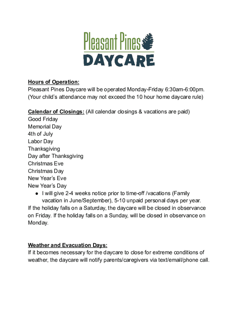Fillable Online Do parents still pay when daycare is closed for weeks, or Fax Email Print