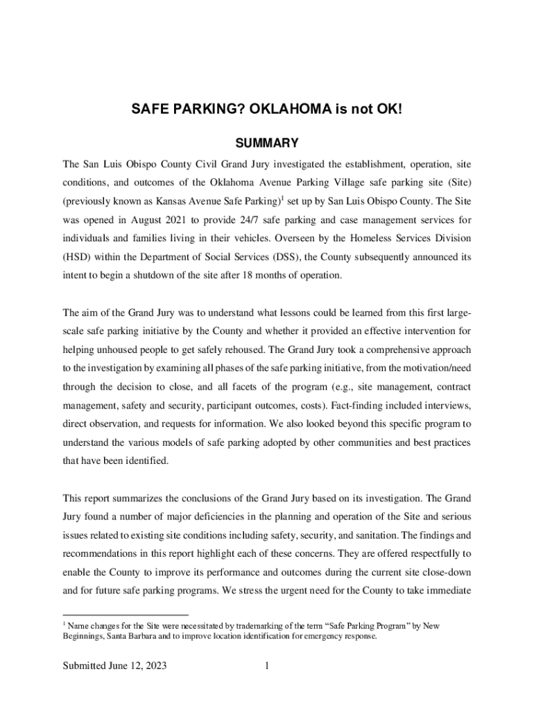 Fillable Online SLO County safe parking site is unsafe, grand jury says